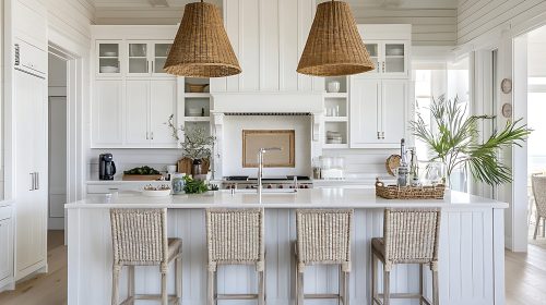 Coastal white kitchen with woven rattan pendant lights, rattan counter stools and light wood flooring