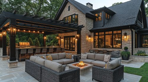 Backyard patio at dusk with a fire pit, wicker sectional, black pergola, string lights and outdoor kitchen
